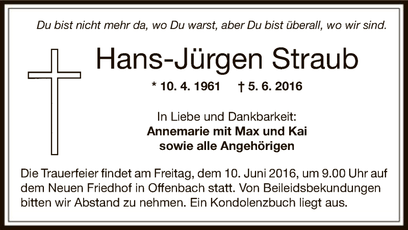  Traueranzeige für Hans-Jürgen Straub vom 08.06.2016 aus Offenbach