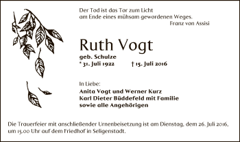 Traueranzeige von Ruth Vogt von Offenbach