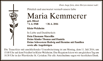 Traueranzeige von Maria Kemmerer von Offenbach