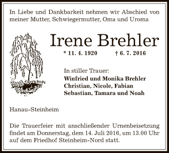 Traueranzeige von Irene Brehler von Offenbach