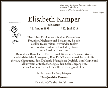 Traueranzeige von Elisabeth Kamper von Offenbach