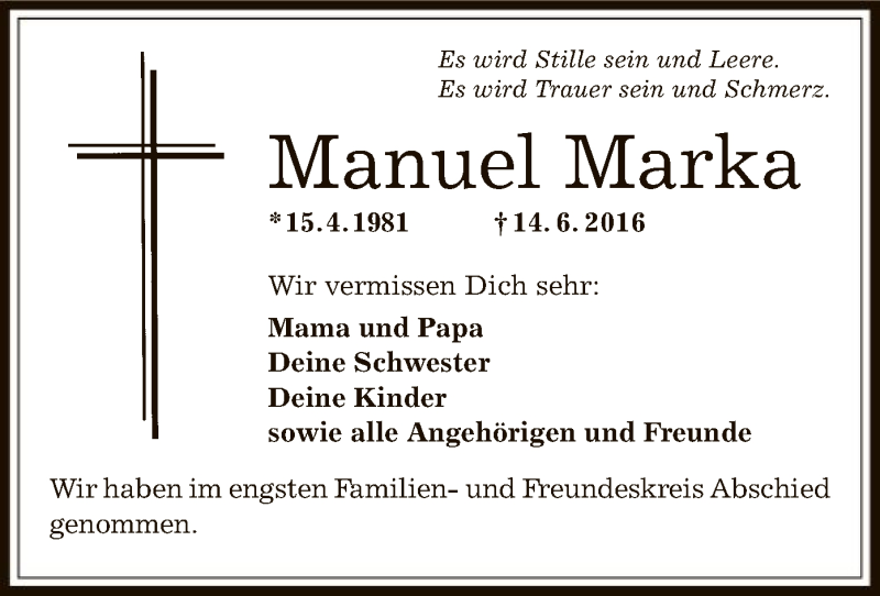 Traueranzeige für Manuel Marka vom 02.07.2016 aus Offenbach
