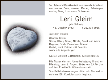 Traueranzeige von Leni Gleim von Offenbach