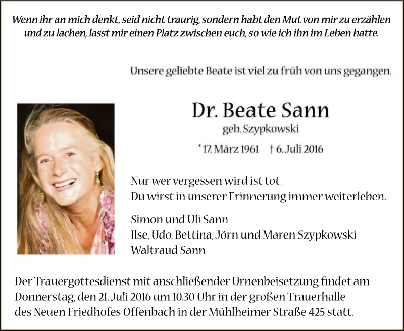  Traueranzeige für Beate Sann vom 16.07.2016 aus Offenbach