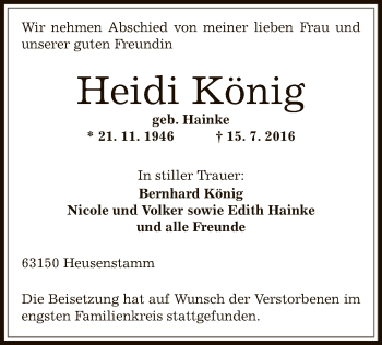 Traueranzeige von Heidi König von Offenbach