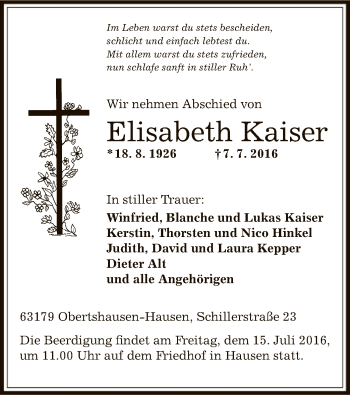 Traueranzeige von Elisabeth Kaiser von Offenbach