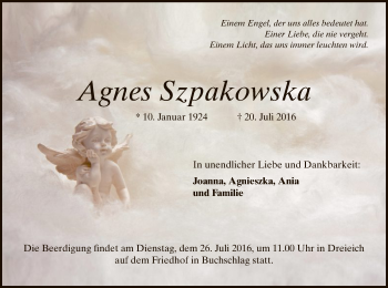 Traueranzeige von Agnes Szpakowska von Offenbach