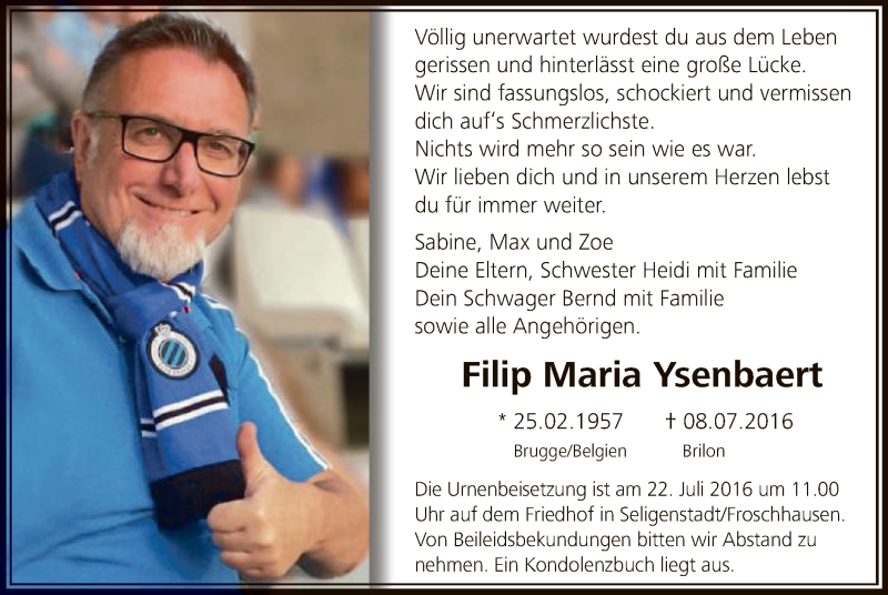  Traueranzeige für Filip Maria Ysenbaert vom 16.07.2016 aus Offenbach