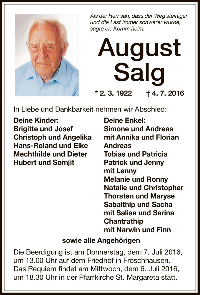  Traueranzeige für August Salg vom 06.07.2016 aus Offenbach