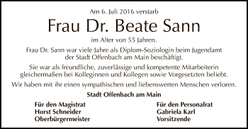 Traueranzeige von Beate Sann von Offenbach