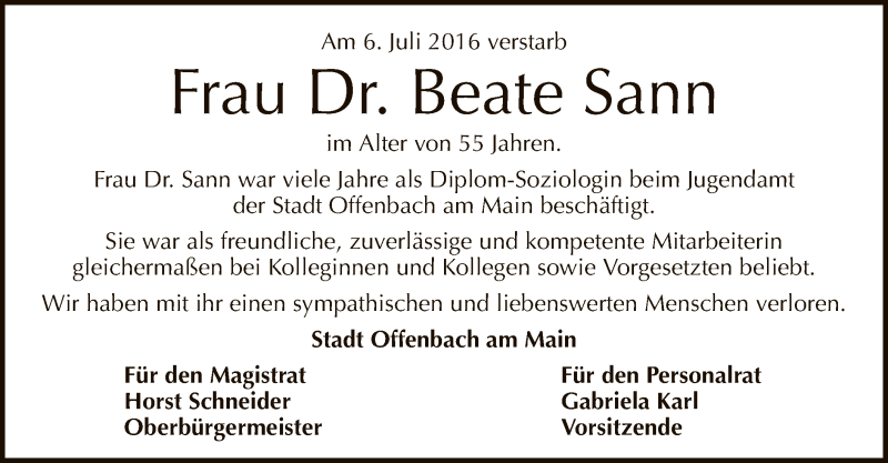  Traueranzeige für Beate Sann vom 19.07.2016 aus Offenbach