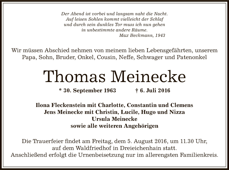  Traueranzeige für Thomas Meinecke vom 21.07.2016 aus Offenbach