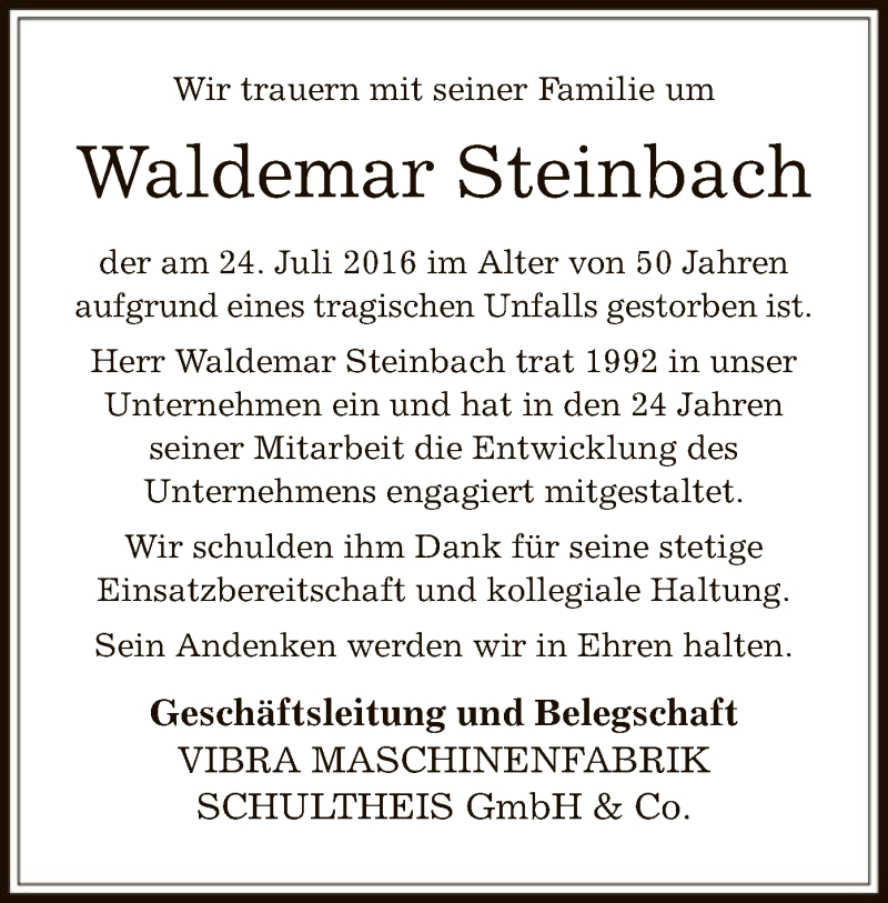  Traueranzeige für Waldemar Steinbach vom 30.07.2016 aus Offenbach