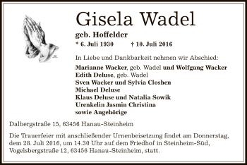 Traueranzeige von Gisela Wadel von Offenbach