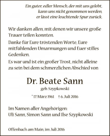 Traueranzeige von Beate Sann von Offenbach