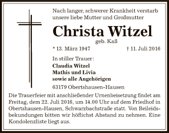 Traueranzeige von Witzel Christa von Offenbach