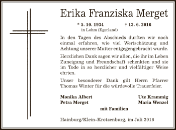 Traueranzeige von Erika Franziska Merget von Offenbach