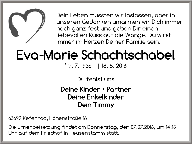  Traueranzeige für Eva-Marie Schachtschabel vom 29.06.2016 aus Offenbach