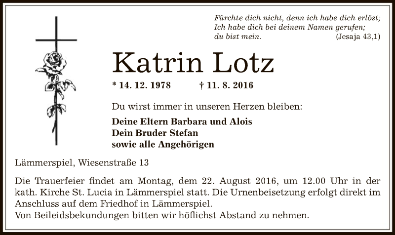 Traueranzeige für Katrin Lotz vom 18.08.2016 aus Offenbach