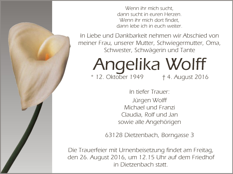  Traueranzeige für Angelika Wolff vom 18.08.2016 aus Offenbach