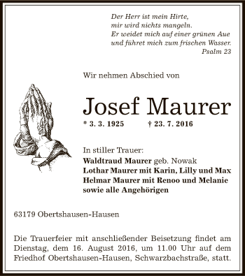 Traueranzeige von Josef Maurer von Offenbach