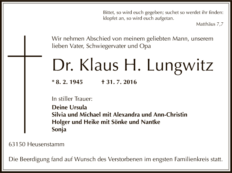  Traueranzeige für Klaus H. Lungwitz vom 10.08.2016 aus Offenbach