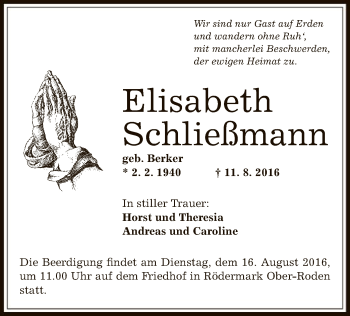 Traueranzeige von Elisabeth Schließmann von Offenbach