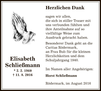 Traueranzeige von Elisabeth Schließmann von Offenbach