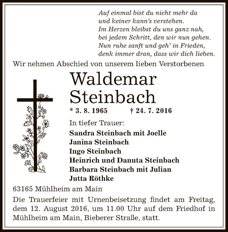  Traueranzeige für Waldemar Steinbach vom 30.07.2016 aus Offenbach