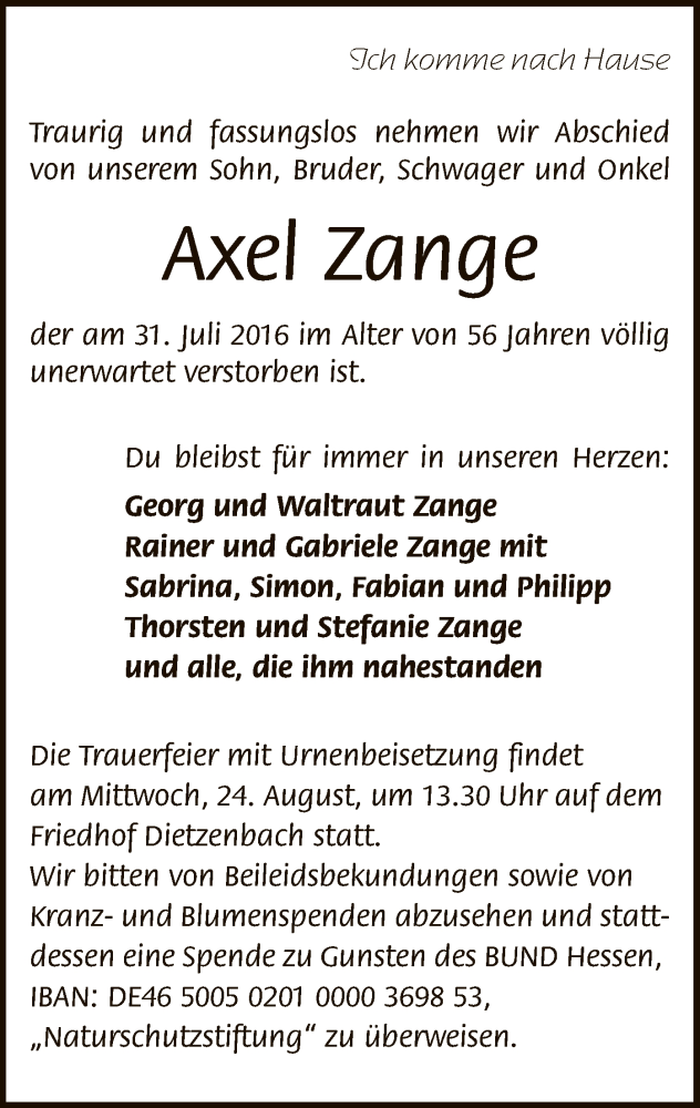  Traueranzeige für Axel Zange vom 20.08.2016 aus Offenbach