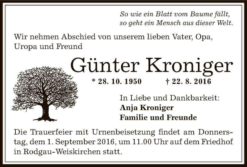  Traueranzeige für Günter Kroniger vom 25.08.2016 aus Offenbach