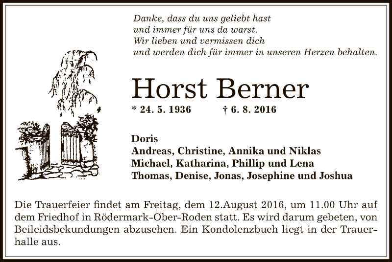  Traueranzeige für Horst Berner vom 09.08.2016 aus Offenbach