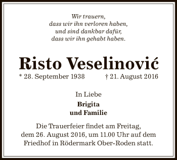 Traueranzeige von Risto Veselinovic von Offenbach