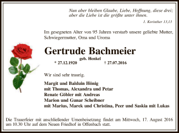 Traueranzeige von Gertrude Bachmeier von Offenbach