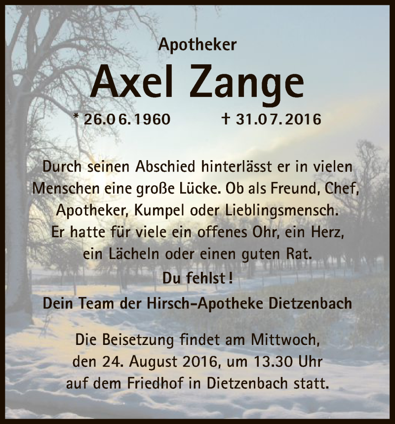  Traueranzeige für Axel Zange vom 20.08.2016 aus Offenbach