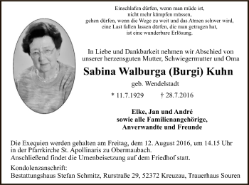 Traueranzeige von Sabina Walburga Kuhn von Offenbach