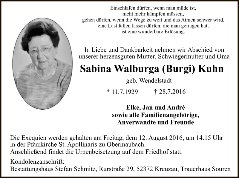  Traueranzeige für Sabina Walburga Kuhn vom 11.08.2016 aus Offenbach