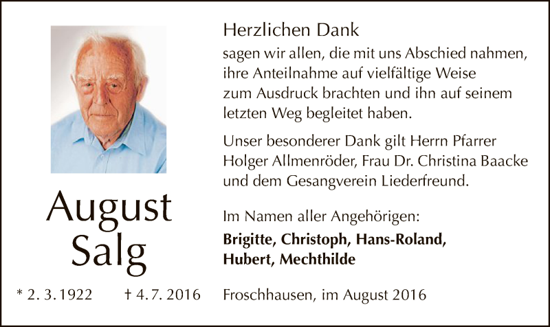  Traueranzeige für August Salg vom 03.08.2016 aus Offenbach