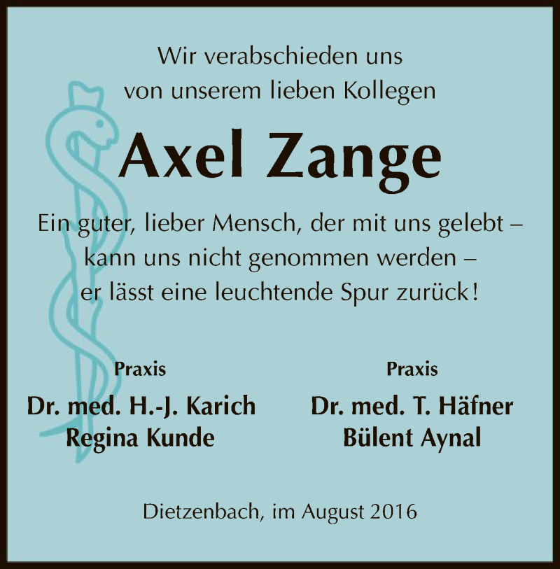  Traueranzeige für Axel Zange vom 25.08.2016 aus Offenbach