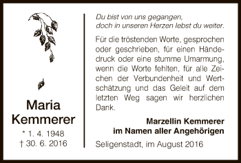 Traueranzeige von Maria Kemmerer von Offenbach