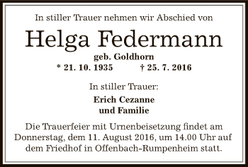 Traueranzeige von Helga Federmann von Offenbach