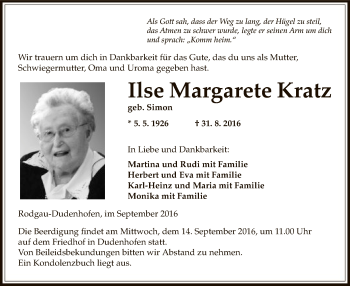 Traueranzeige von Ilse Margarete Kratz von Offenbach