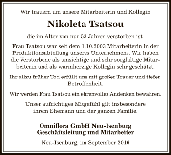 Traueranzeige von Nikoleta Tsatsou von Offenbach