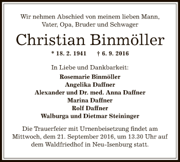 Traueranzeige von Christian Binmöller von Offenbach