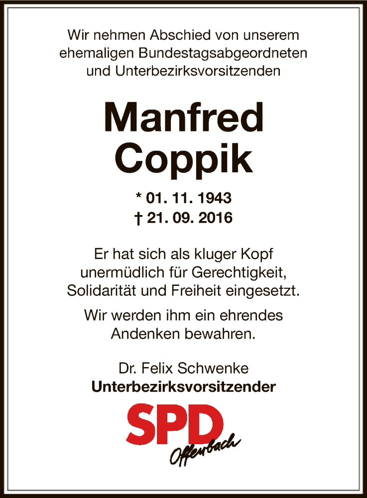  Traueranzeige für Manfred Coppik vom 24.09.2016 aus Offenbach