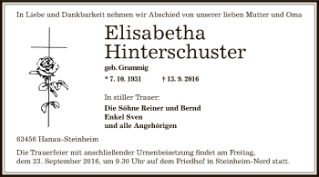 Traueranzeige von Elisabetha Hinterschuster von Offenbach