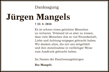 Traueranzeige von Jürgen Mangels von Offenbach