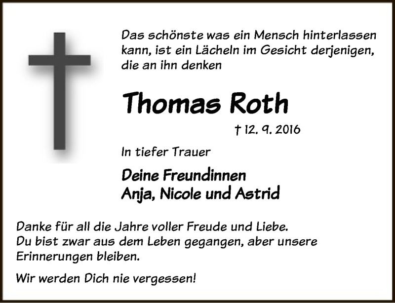  Traueranzeige für Thomas Roth vom 21.09.2016 aus Offenbach