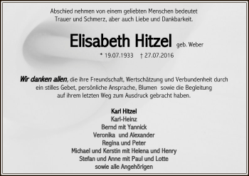Traueranzeige von Elisabeth Hitzel von Offenbach