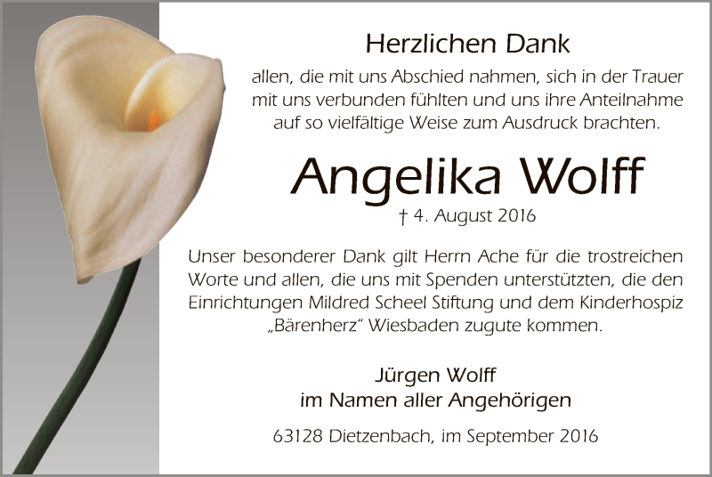  Traueranzeige für Angelika Wolff vom 15.09.2016 aus Offenbach